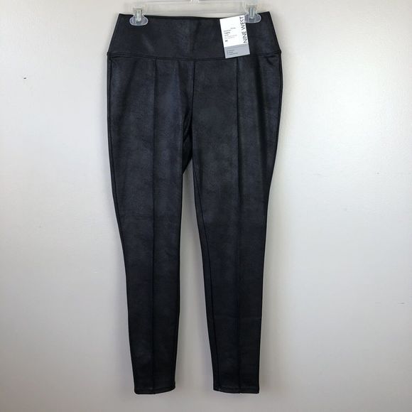 Nine West Stretch Knit Legging Womens Size M Faux Leather Stretchy Black Crackle - Picture 1 of 14